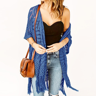 Cross-Border Amazon Plus Size Women's Bikini Cover-Up Tassel See-Through Outfit Outdoor Beach Vacation Sun Protection Knitted