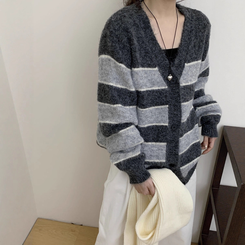 复古撞色宽条纹V领针织开衫女秋冬新款慵懒宽松软糯毛衣外套上衣|undefined