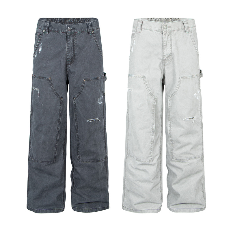 American-Style Workwear Logging Pants with Multi-Panel Construction, Elastic Waistband, Distressed Long Pants, Straight Loose Fit, Unisex