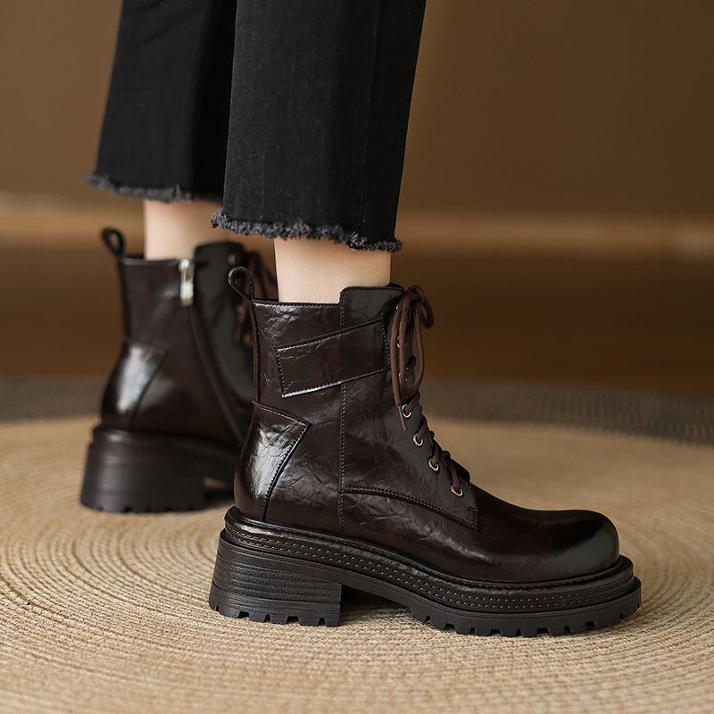 Boot Martin nữ gót dày buộc dây đế tăng chiều cao phong cách Maillard thu đông 2025 — Lớp lót nhung đen, Nhung nâu, Lớp lót đơn màu đen, Lớp lót đơn màu nâu