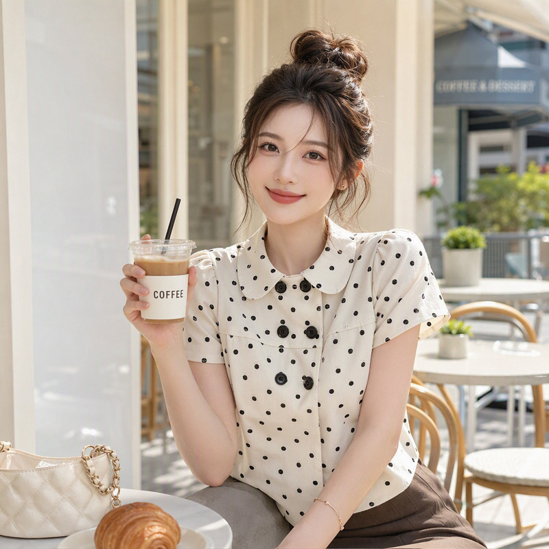 2026 Korean-style summer short-sleeve sweet doll collar polka dot top, spring and autumn double-breasted versatile shirt wholesale 2026 Korean-style summer short-sleeve sweet doll collar polka dot top, spring and autumn double-breasted versatile shirt wholesale
