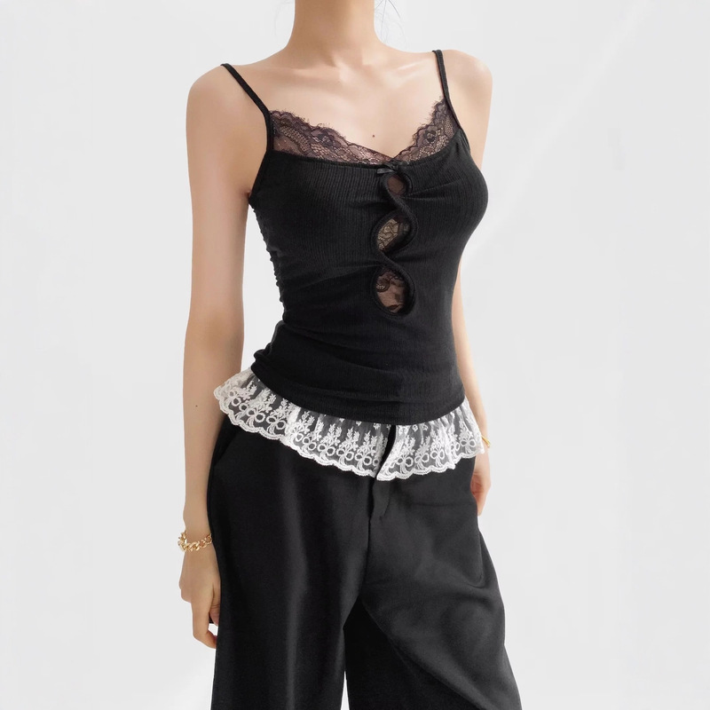 European and American Retro Pure Desire Style Lace Patchwork Tank Top 2025 Spring New Women's Fashion Bow-Knot Embellished Twisted Short Camisole European and American Retro Pure Desire Style Lace Patchwork Tank Top 2025 Spring New Women's Fashion Bow-Knot Embellished Twisted Short Camisole