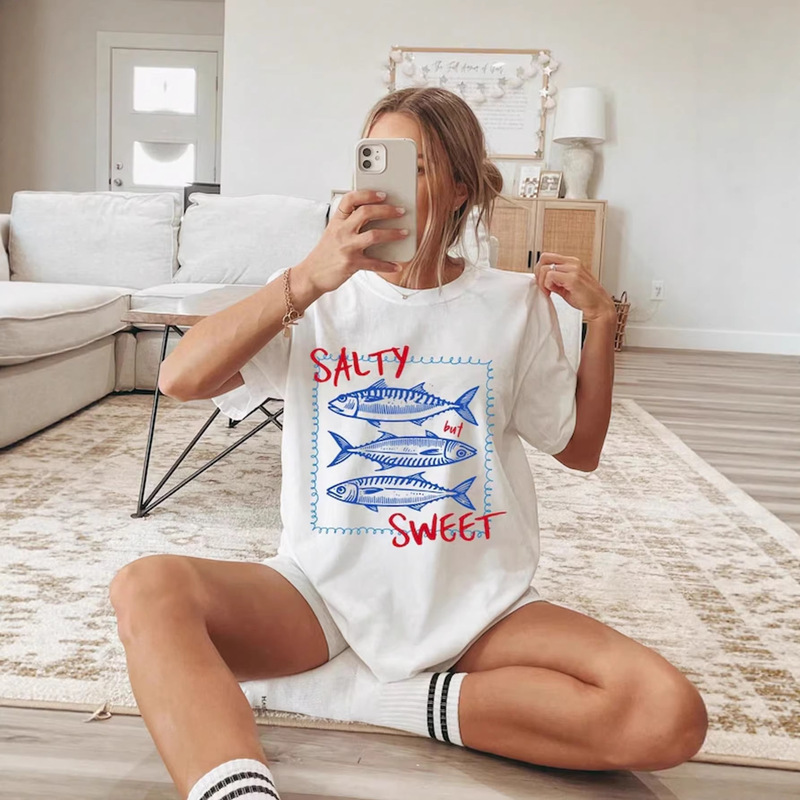 Cross-Border New Style American-Style Lazy Style Seafood Fish Print Short-Sleeved T-Shirt, Summer Loose Casual Versatile Outerwear Top