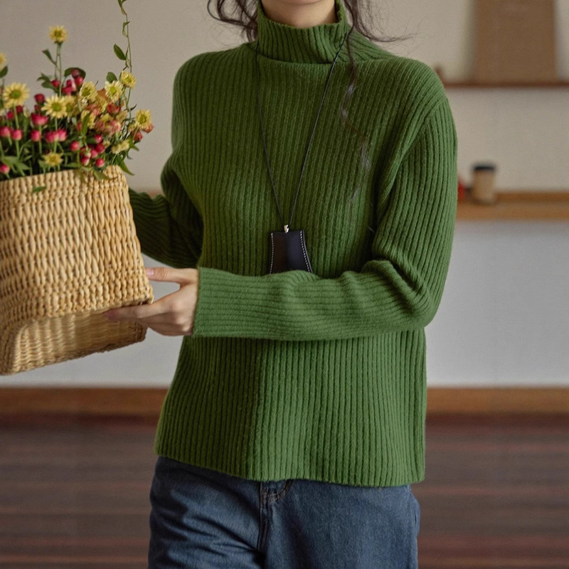 羊毛高领竖坑条打底毛衣女秋冬2025设计感小众新款内搭针织上衣|undefined