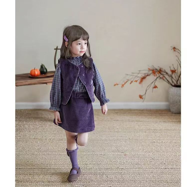 아동복 가을 새 소녀 세트 2024 한국 스타일 유행 코듀로이  조끼 3 피스 세트