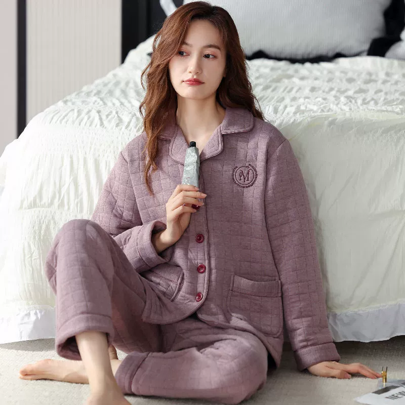 Пижама Женская осенне-зимняя стеганая воздушная хлопковая прослойка 100% хлопок с длинным рукавом Весна-Осень трехслойная утолщенная Домашняя одежда костюм