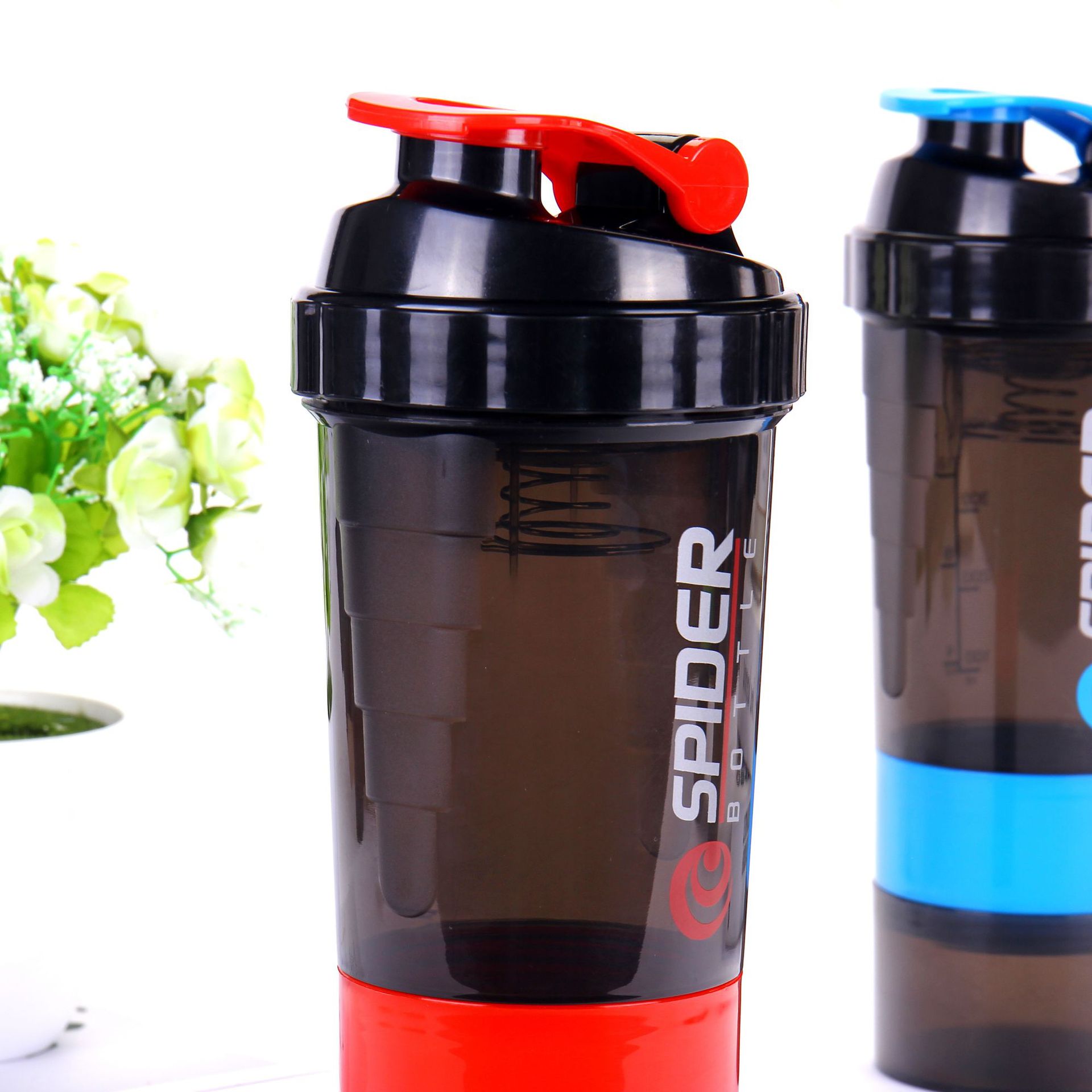 resortes de tres capas shaker taza de musculación deportiva al aire libre taza de batido de proteína de polvo de mezcla taza de plástico taza de agua