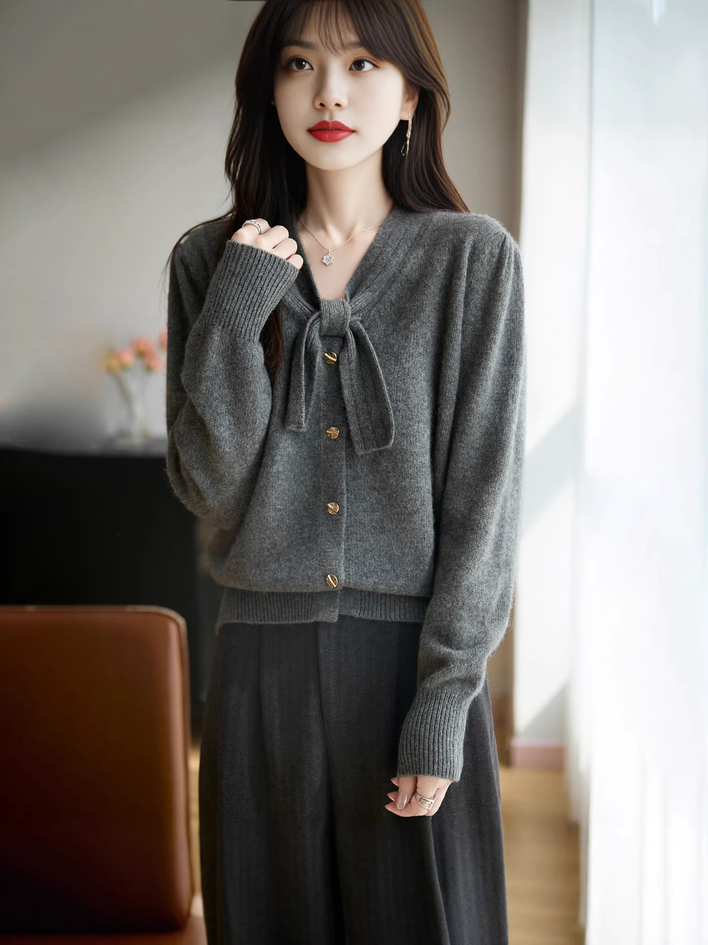 Áo cardigan nữ tay dài nơ bướm dáng rộng — màu xám