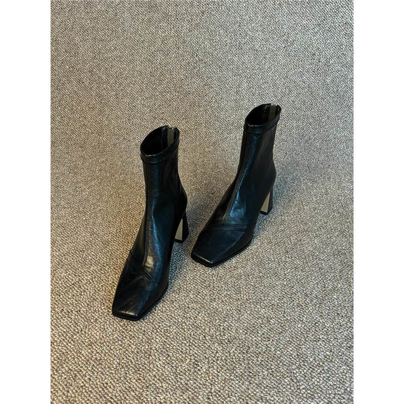 Cowhide version~French square-toed high-heeled elegant versatile slim-fit women's genuine leather British style back-zipper stretch ankle boots