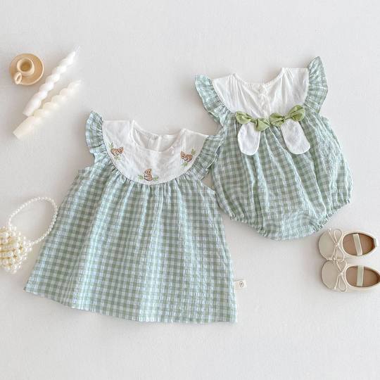 Baby's Plaid Bag Fart Clothes 2025 New Summer Baby Girl Super Cute Embroidered Rabbit Hare Flying Sleeve Lightweight Climbing Wear