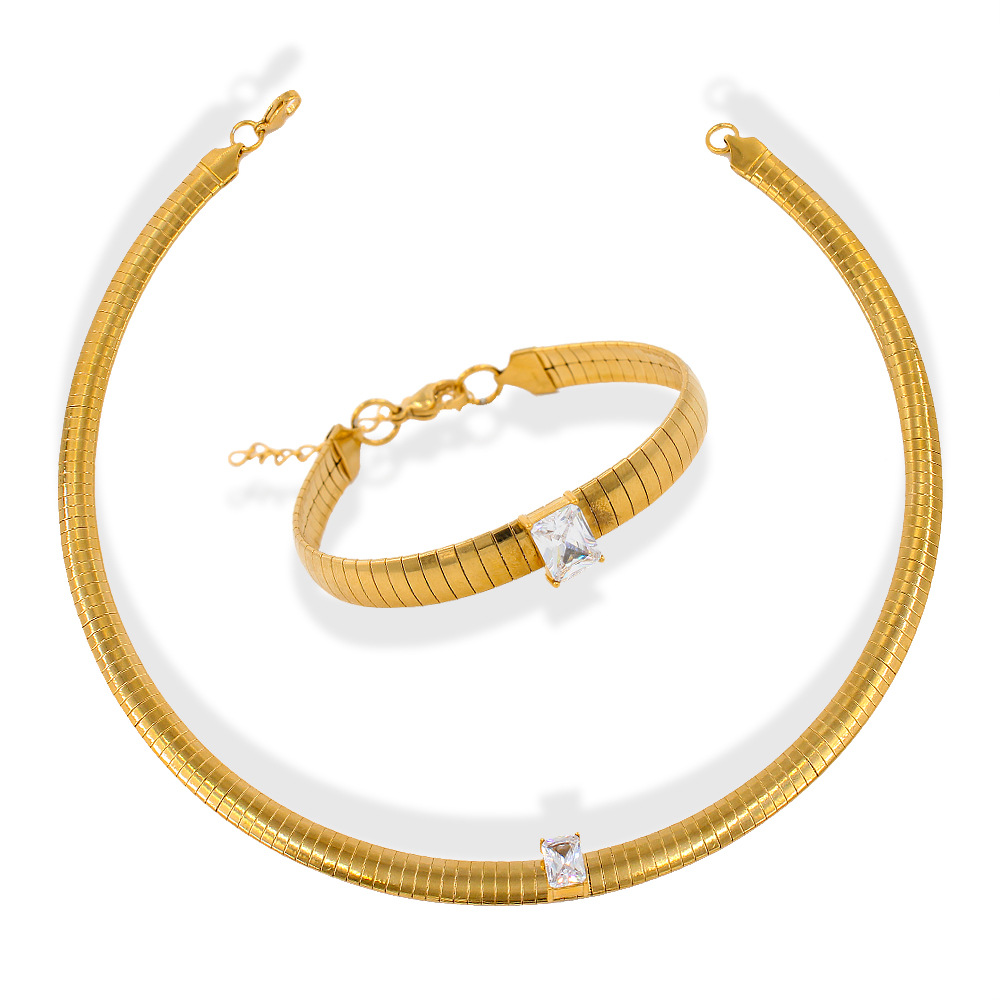 Retro Square Stainless Steel Inlay Zircon Bracelets Necklace 1 Piece