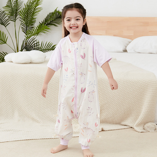 Summer bamboo cotton infant split-leg sleeping bag gauze children's short-sleeved antibacterial bamboo fiber baby pajamas Category A thin