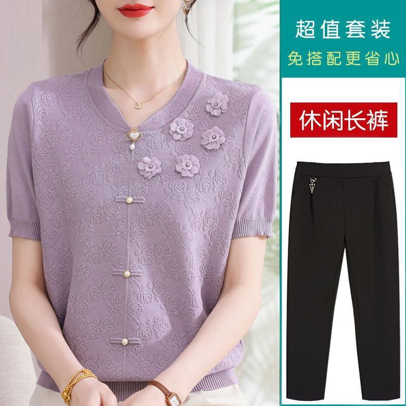 2026 New Style Mom's Summer Outfit, Fashionable Short-Sleeved T-Shirt, Middle-Aged and Elderly Women's National Style Summer Suit Clothes