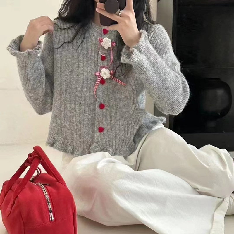 慵懒风木耳边蝴蝶结长袖针织开衫女秋季设计感花朵毛衣上衣外套|undefined
