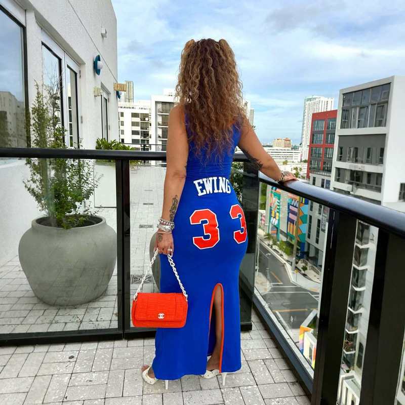 American-Style Basketball Uniform Ewing No. 33 Printed Tank Top Long Dress, Slim Fit with Waist-Cinching and Back Slit, Slimming Long Dress
