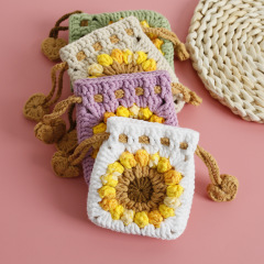 Sweet Sunflower Hand-woven Mini Drawstring Bag, Snow Five Crochet Earphone Case, Sunflower Zero Wallet
