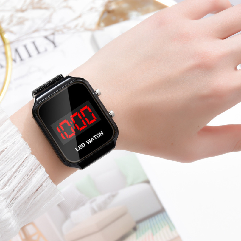 Hot selling push-button electronic watch student sports personality magnet buckle mesh belt led watch_voghion.com