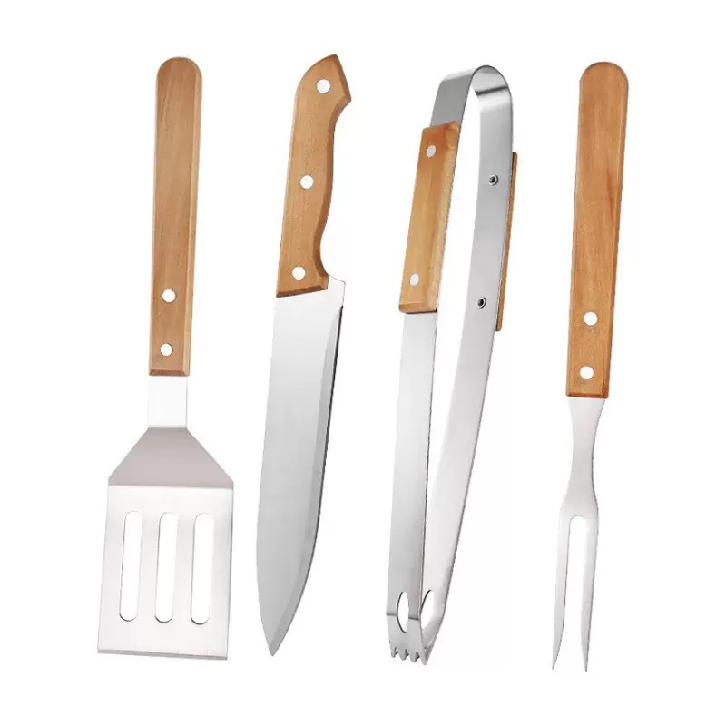 户外野营烧烤工具组合木柄叉铲夹BBQ配件布袋荷木柄烤具套装|undefined