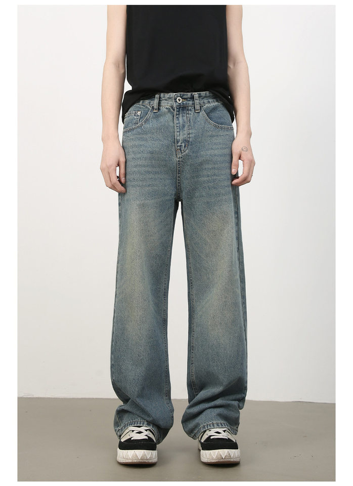 Quần jean nam ống rộng suông thẳng phong cách Mỹ, denim wash đơn giản — màu xanh, màu xanh nhạt chi tiết 22