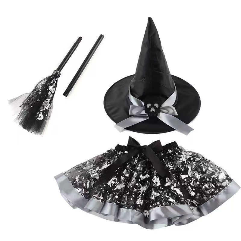 クロスボーダーハロウィンカボチャスカートスーツ魔女ほうき魔女帽子セットヨーロッパとアメリカのプリントメッシュチュチュスカートスーツ|undefined