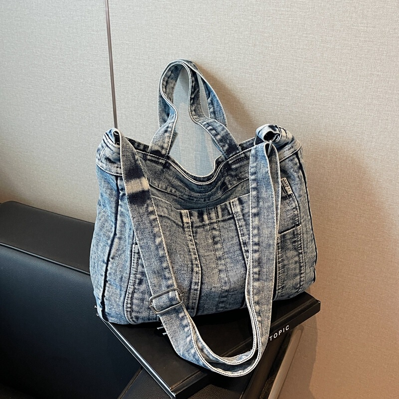 Retro Japanese Denim Tote Bag 2024 New Campus Style Simple Hand Bag College Students Class Shoulder Bag
