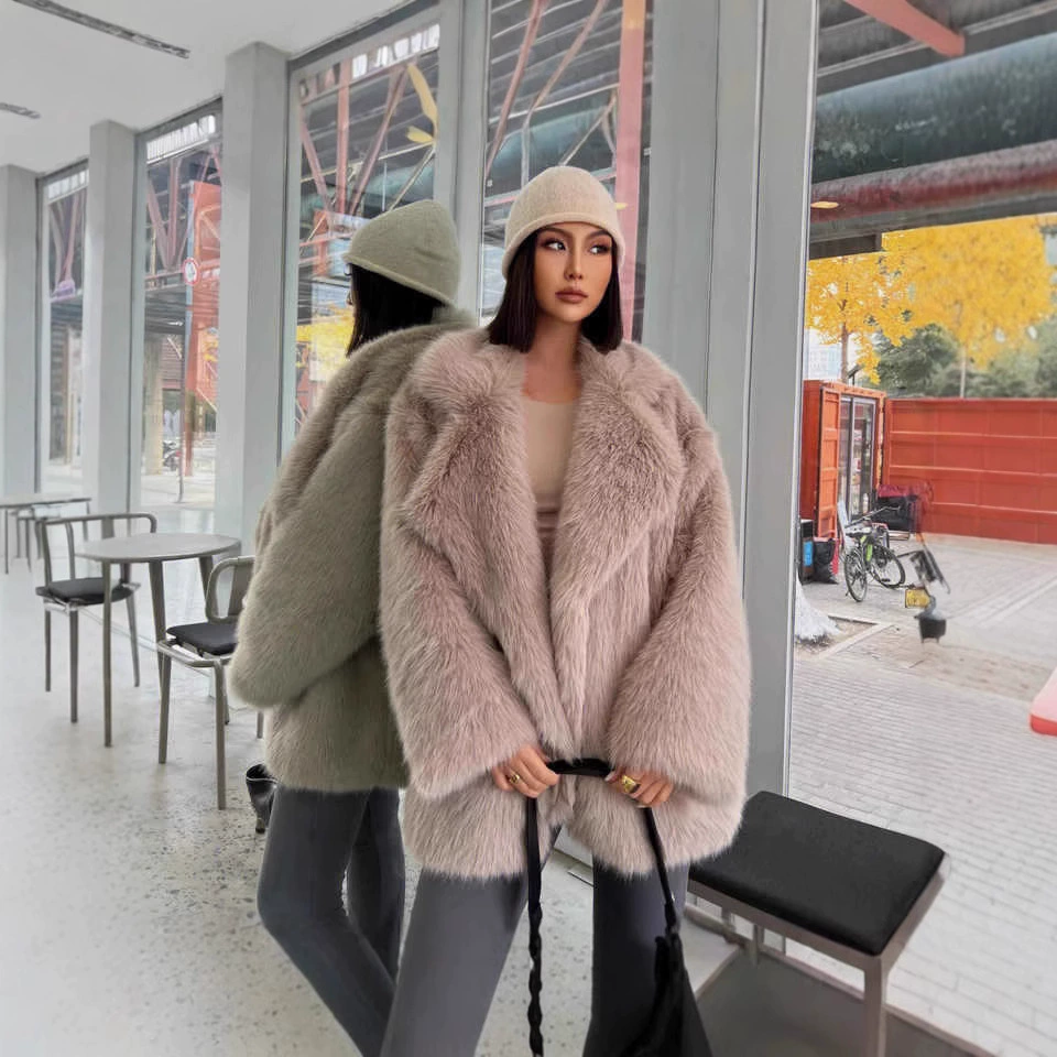Amazon Европейская и американская осенне-зимняя куртка средней длины с воротником из лисьего меха, пальто средней длины из искусственного меха, элегантная женская одежда больших размеров