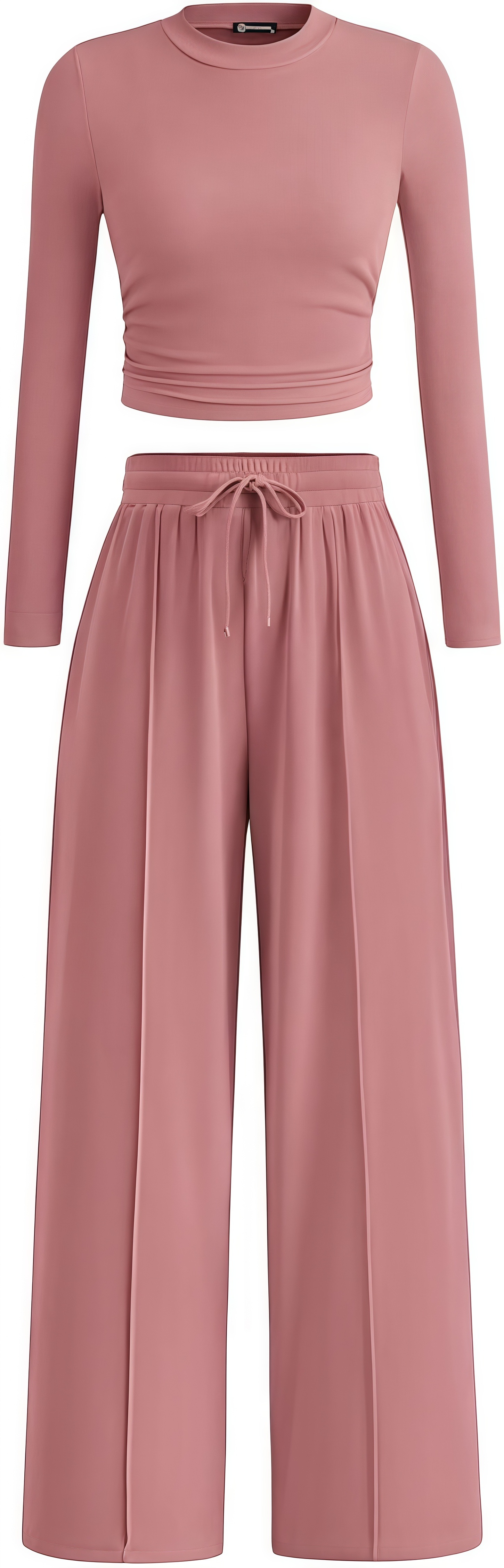 European American Cross-border Solid Color Ribbed Two-piece Set: Slim-fit Short Long-sleeve Top And Drawstring_ecoleips.com