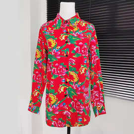 春秋辛芷蕾同款独特别致上衣洋气减龄设计感小众东北红色大花衬衫