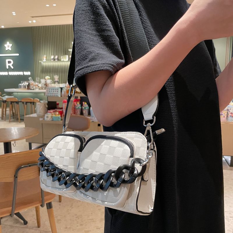 Cowhide small square for women in 2023, new versatile ins checkerboard crossbody broadband chain bag, shoulder bag_voghion.com