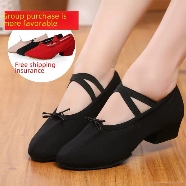 Dance Shoes for Women, Adult Soft-Soled Teacher Shoes with Canvas Straps, Practice Dance Shoes, Black Heels, Ballet and Classical Dance Shoes