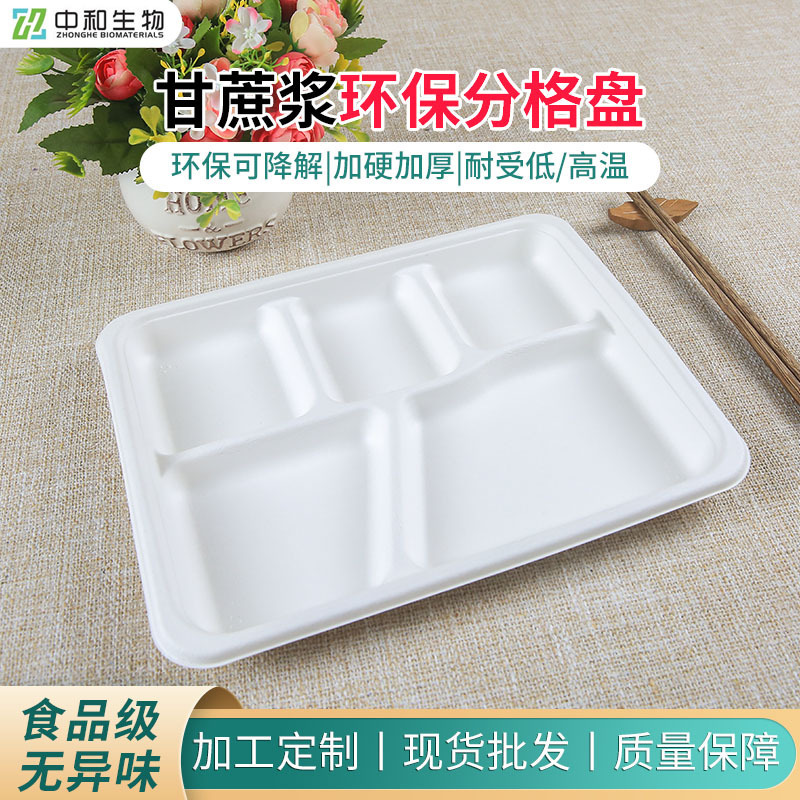 Factory Price优惠甘蔗浆环保可降解餐盘三格五格餐盒饭盒一次性餐盒