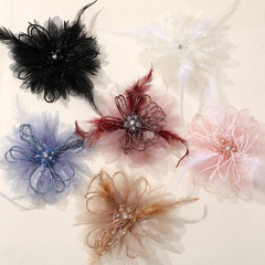 韓系超仙羽毛串珠網紗山茶花DIY手工氣質抓夾頭飾服裝輔料配件