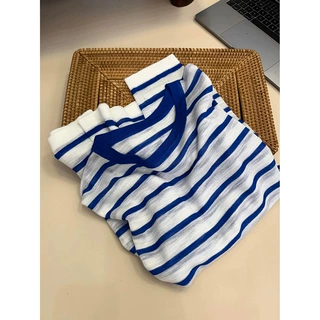 薄款蓝色条纹防晒针织衫上衣女夏季短款空调衫小个子罩衫长袖t恤