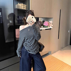 韩式慵懒一字肩条纹款长袖t恤女夏季松弛感修身wintage风斜肩上衣