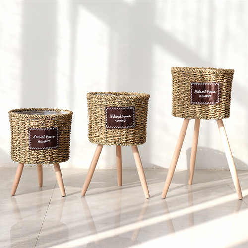 Nordic style creative wicker and grass basket wooden tall flower stand floor-standing indoor living room decoration pothos plant pot