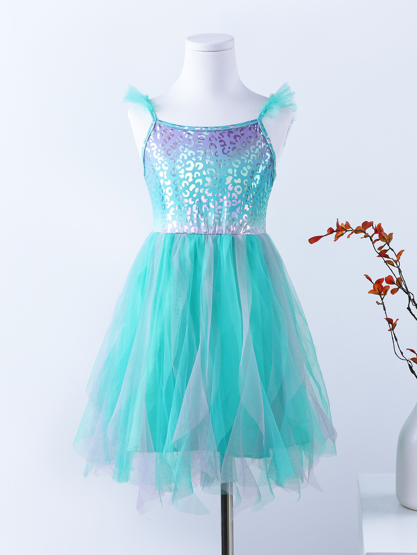 Lake Blue Sleeveless Tulle Dress for Girls Summer Party Wear