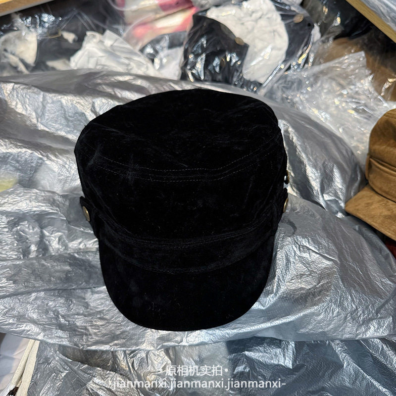 日系复古纽扣平顶贝雷帽女文艺小众大头围显脸小麂皮绒贝雷帽子潮|undefined
