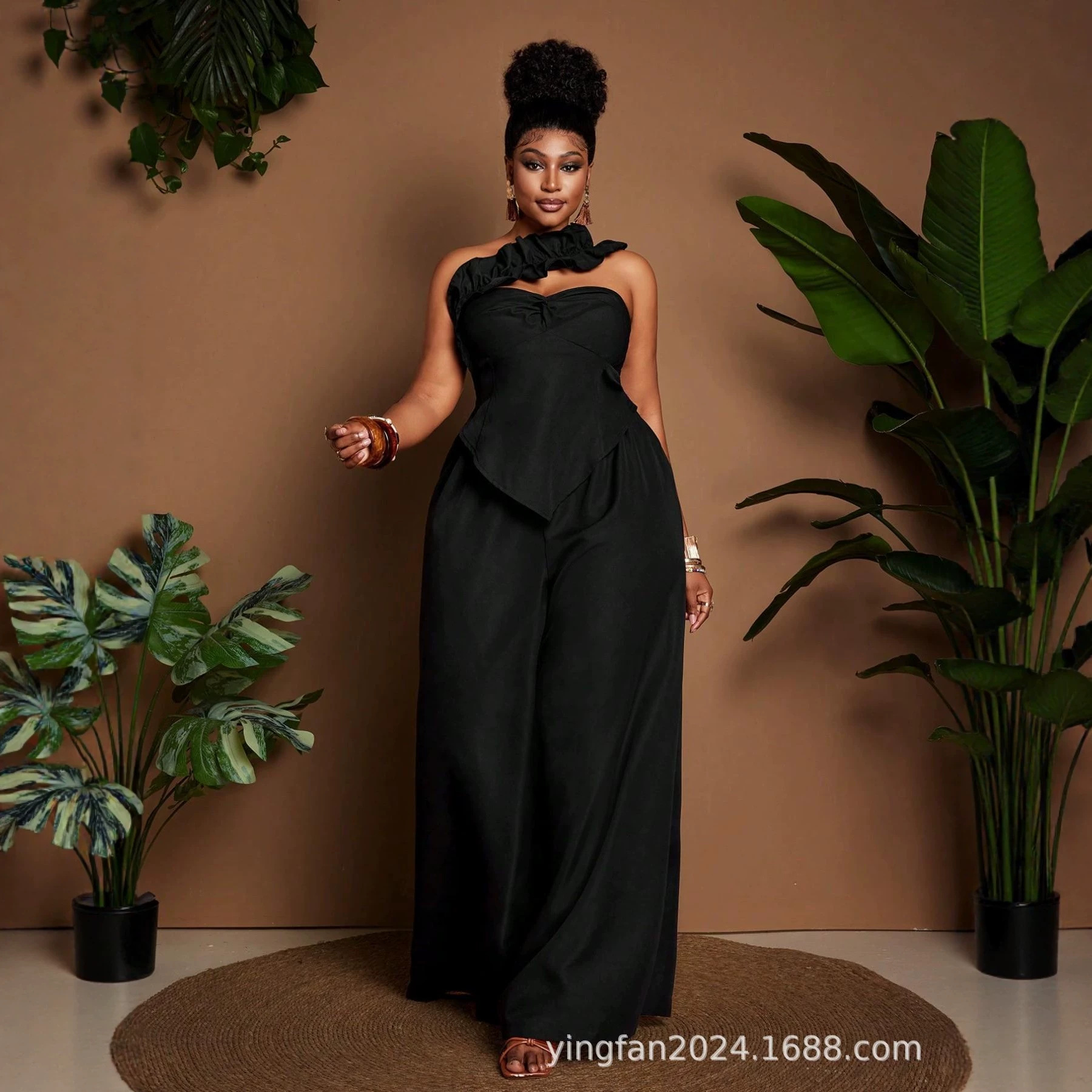 Amazon Tiktok Pinduoduo Foreign Trade Cross-Border European and American Plus-Size Women's One-Shoulder Ruffled Tube Top Jumpsuit