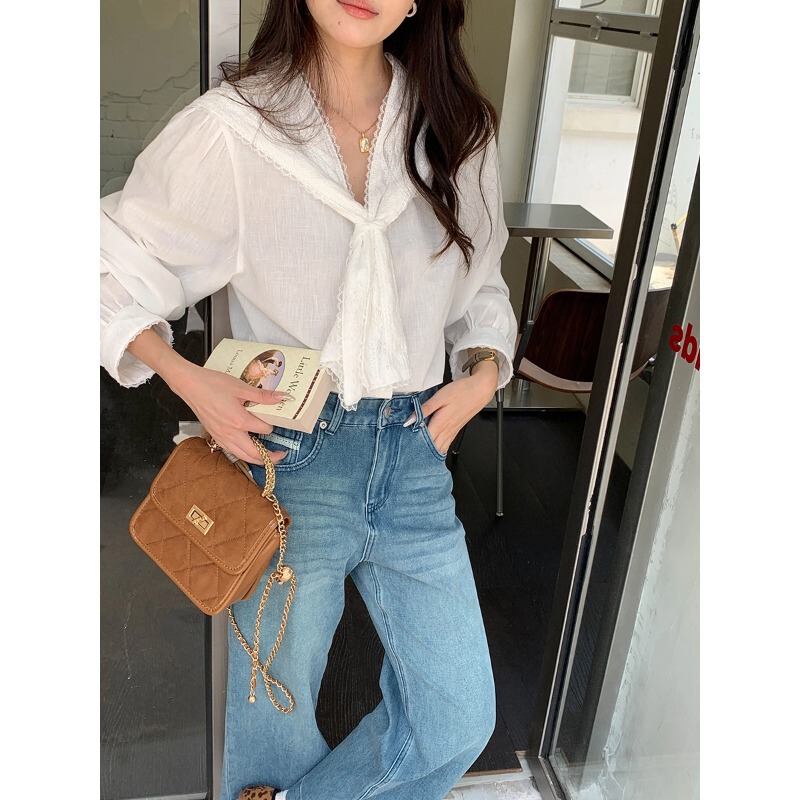 3Th Morning Early Autumn New Style Tencel Linen Lace-Trimmed Navy Collar French-Style Shirt Zy3128
