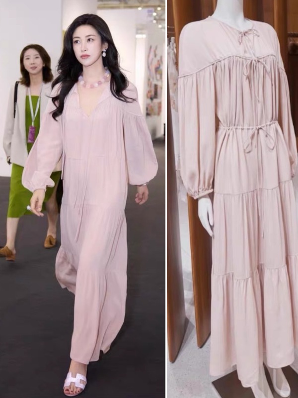 【在庫あり】Zhu Zhuと同じスタイルの女性用ピンク長袖ドレス、新しい夏のゆったりとした休暇のロングスカート、トレンディで新鮮です|undefined