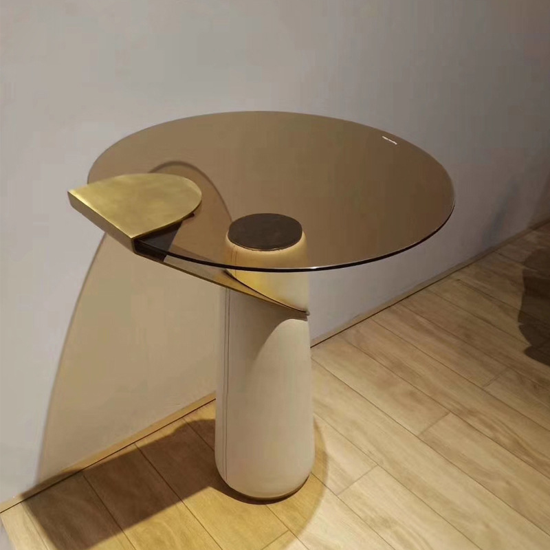 皮艺北欧式角几轻奢圆形设计师创意客厅边几豪华茶色钢化玻璃现货