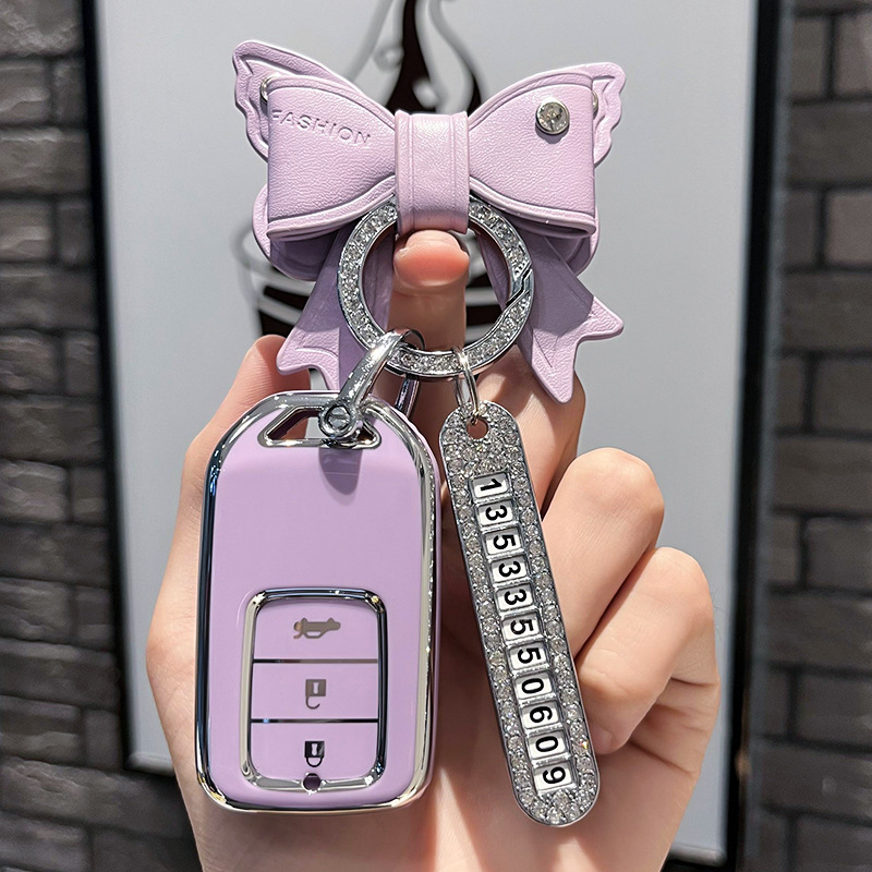 BT 키 유형 C - 스마트 3버튼 [싱글 쉘 퍼플] + 퍼플 리본 다이아몬드 버클 + 실버 번호판