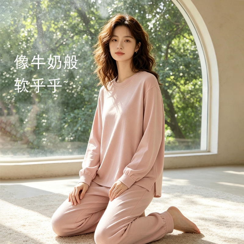 Women's autumn pajamas with built-in bra, long sleeves, long pants, pink, plus size, can be worn as outerwear, soft cotton loungewear set for spring and autumn Women's autumn pajamas with built-in bra, long sleeves, long pants, pink, plus size, can be worn as outerwear, soft cotton loungewear set for spring and autumn