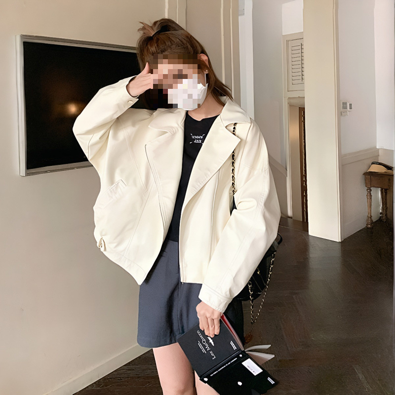 Off-White Leather Jacket for Women, Autumn 2025 New Versatile Hong Kong Style Retro Petite Biker Jacket Top