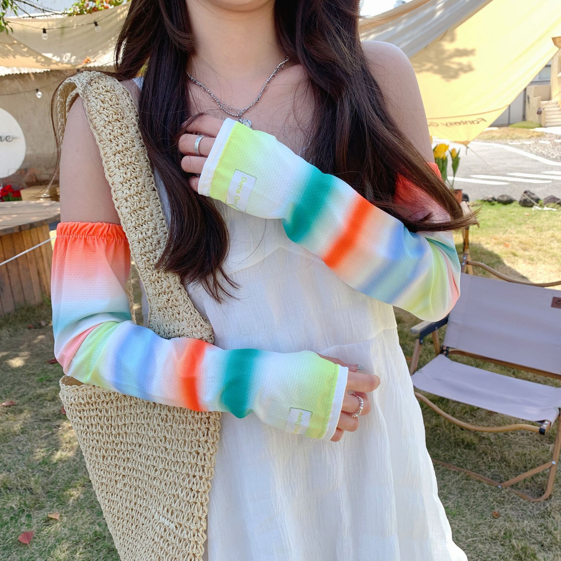 Arco iris degradado guantes de protección solar mujeres conducción al aire libre protección UV protector de brazo de seda de hielo estudiantes ciclismo protector solar mangas de hielo