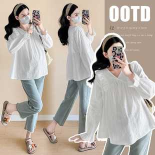 Real Shot 2025 Spring Maternity Dress Age-reducing V-neck Long Sleeve Shirt Women's New Korean Loose Casual Pregnant Women's Top