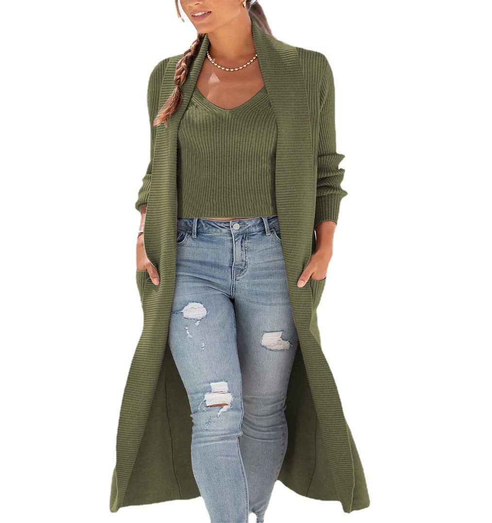Conjunto de Abrigo de Punto y Chaleco para Mujer Algodón y Poliéster Suelto para Otoño e Invierno