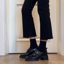 羊皮版~复古皮带扣深口乐福鞋女简约通勤粗跟一脚蹬英伦风小皮鞋