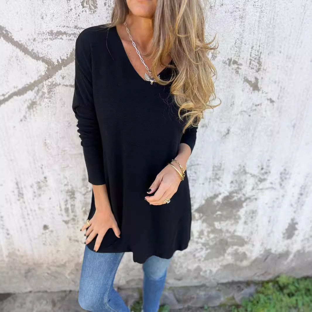 Foreign Trade European American Cross-Border Independent Site 2026 Spring And Autumn Solid Color V-Neck Knit_ecoleips.com