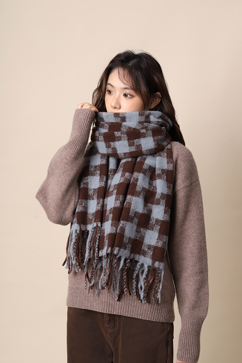 Sciarpa a quadri da donna autunno inverno sensazione avanzata spessa e calda collo frangia versatile studente moda INS_voghion.com